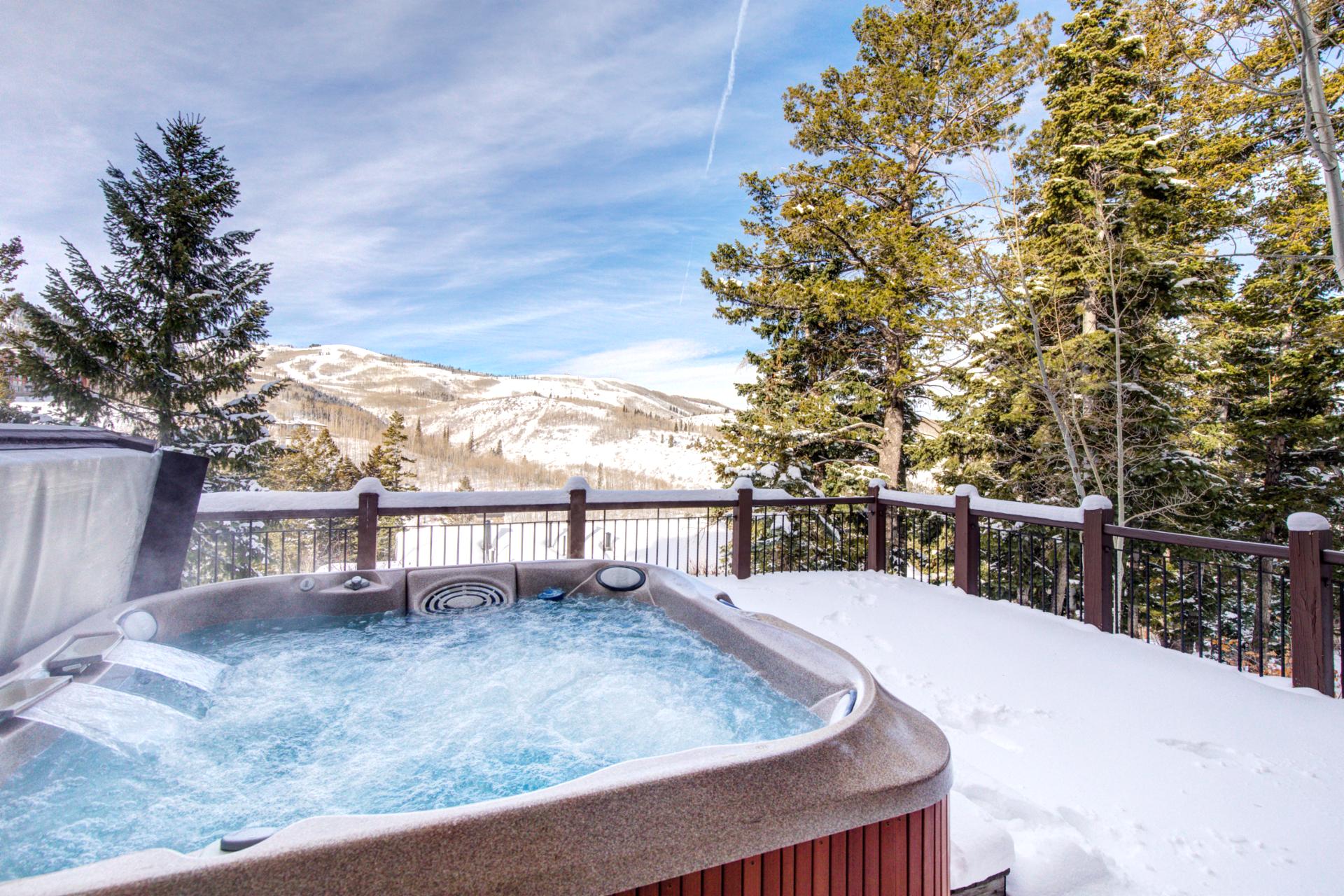 Soak in the private hot tub as snow falls or stars appear over the mountain skyline.