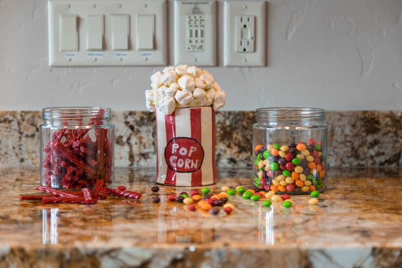 A touch of fun at the granite island—perfect for popcorn and treats after a day on the slopes or trails.