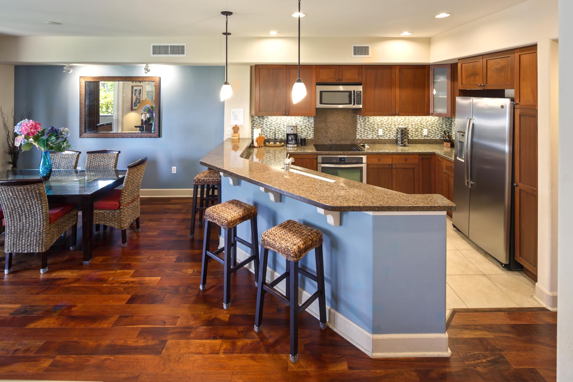 Start your day with island light and end it with delicious meals around this stylish table   