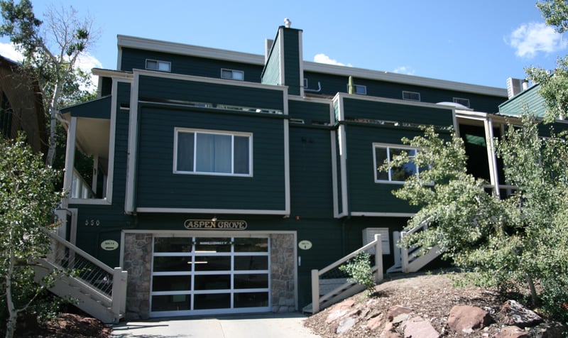 A summertime view of the exterior reveals lush greenery and mountain charm.