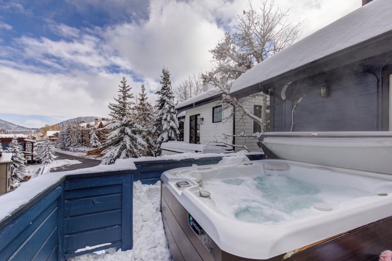 Soak beneath the snow-covered trees in your private outdoor hot tub with scenic views.