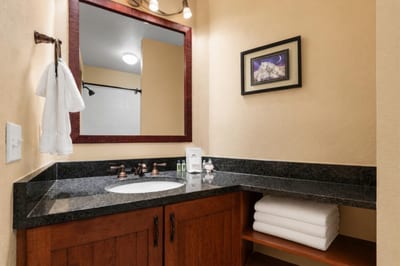 Cozy bathroom with granite vanity, bronze fixtures, and warm ambient lighting.