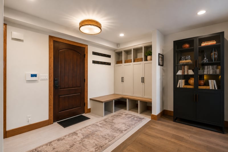 Functional and bright entryway featuring built-in storage, coat hooks, and contemporary bookshelf.