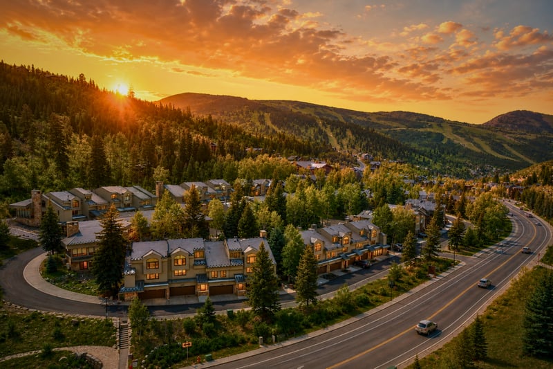 Charming alpine neighborhood beneath vibrant summer skies.