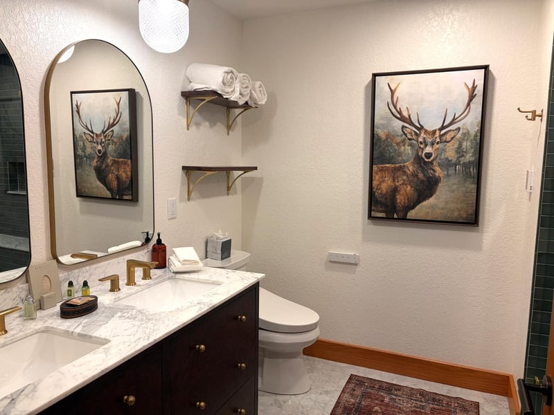 Contemporary guest bathroom with step in shower and two sinks