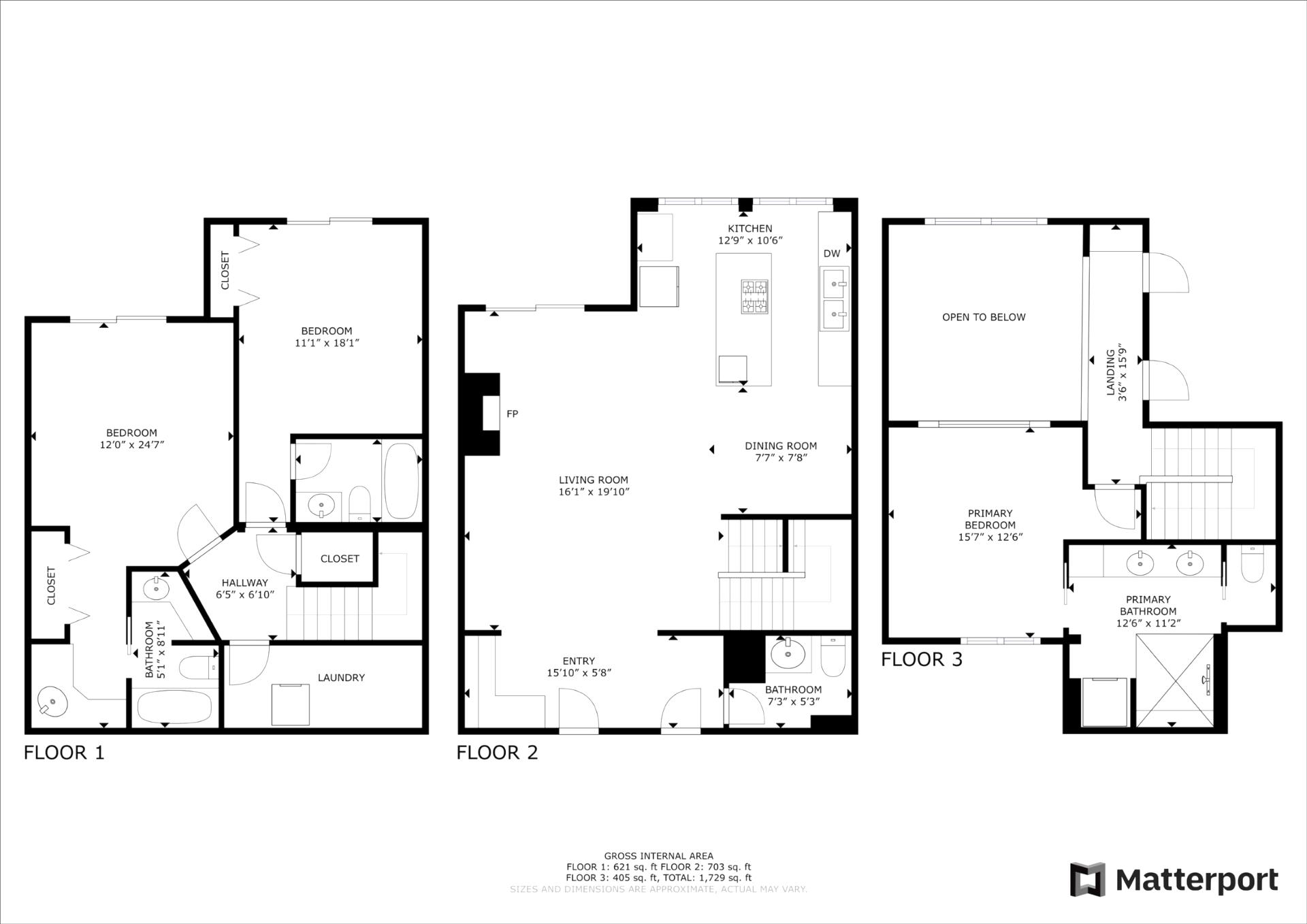 Detailed floor plan layout of this spacious multilevel townhome.