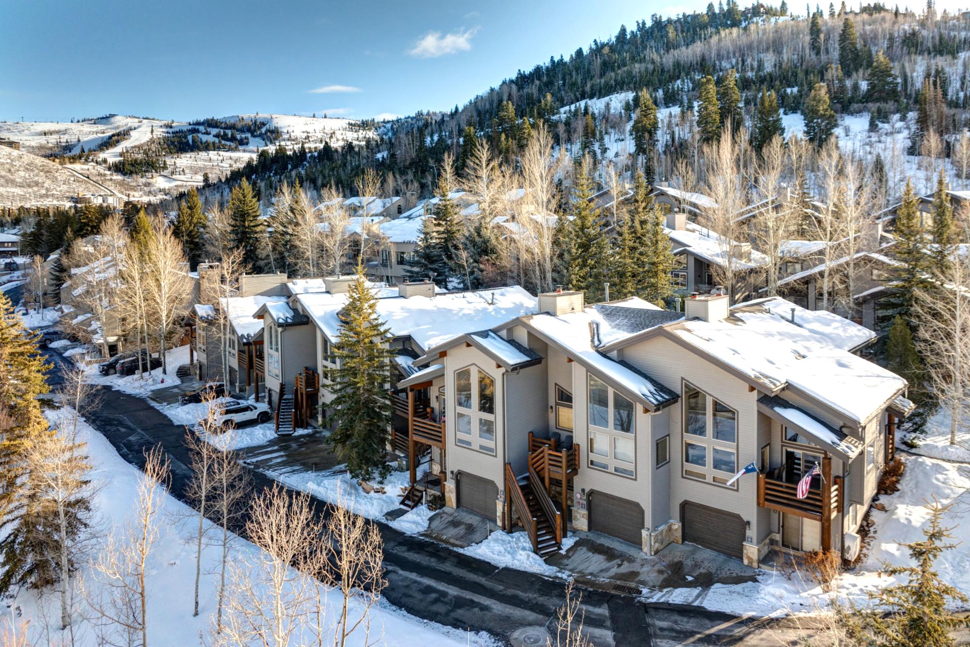 Snowy mountain retreat with cozy townhomes nestled among pine trees.