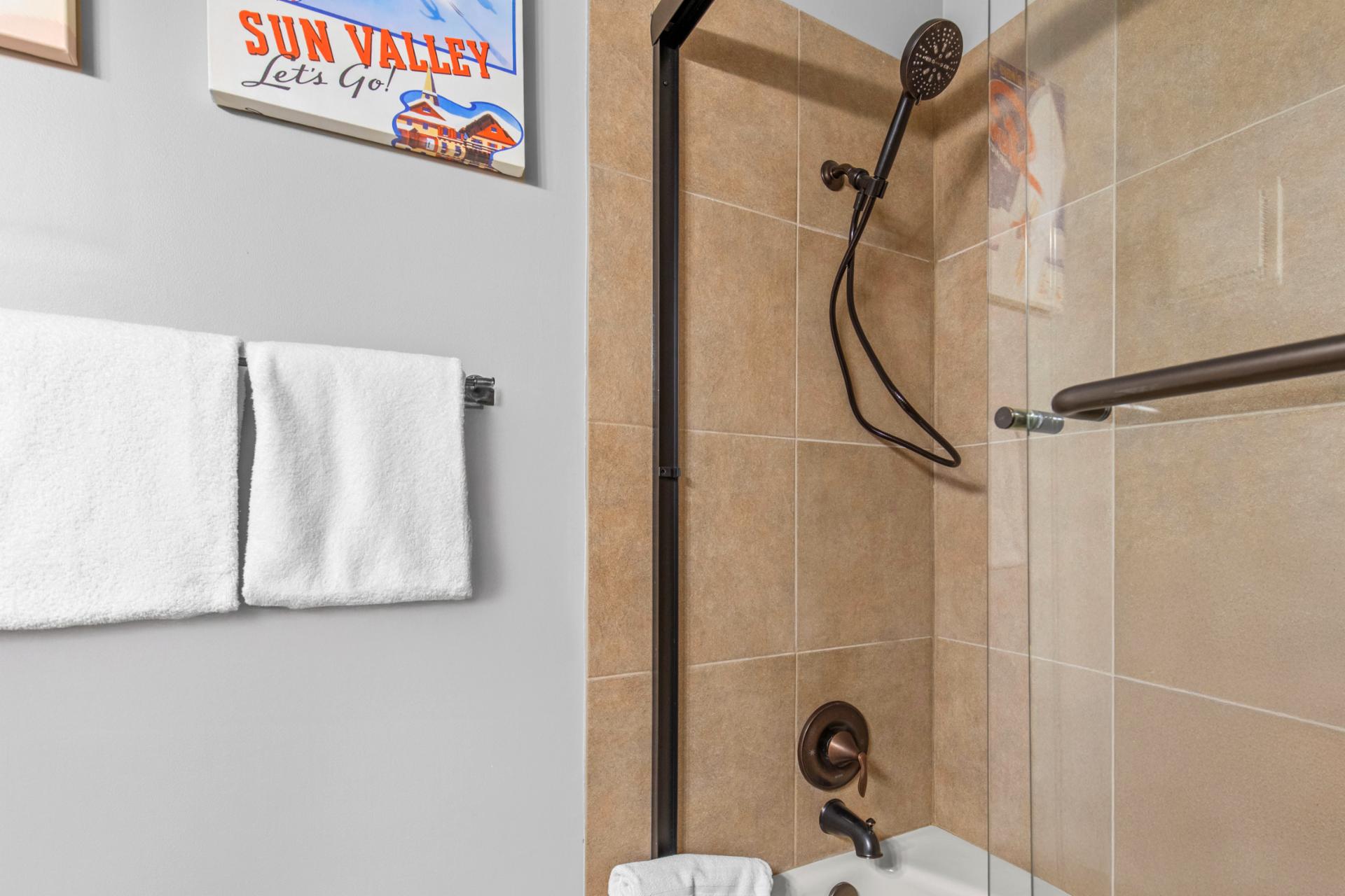 Full size bathroom, shower and tub combo