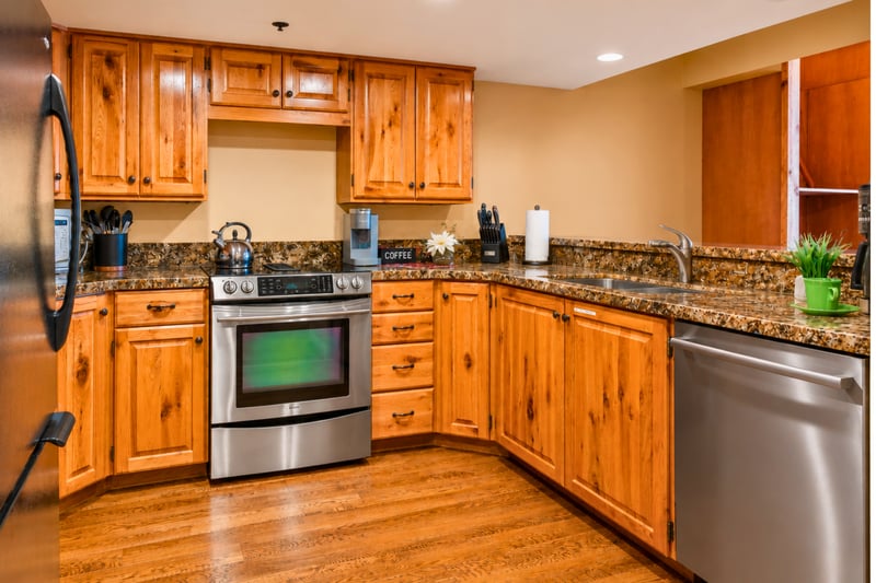 Your chef's kitchen is well-equipped with stainless steel appliances and everything you need.