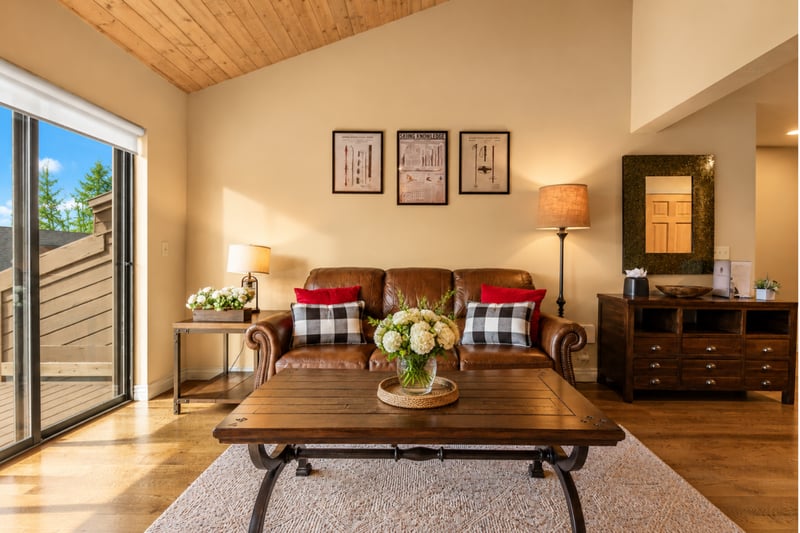 Living room with vaulted wood-plank ceiling, leather sofa with checker pillows, and deck access