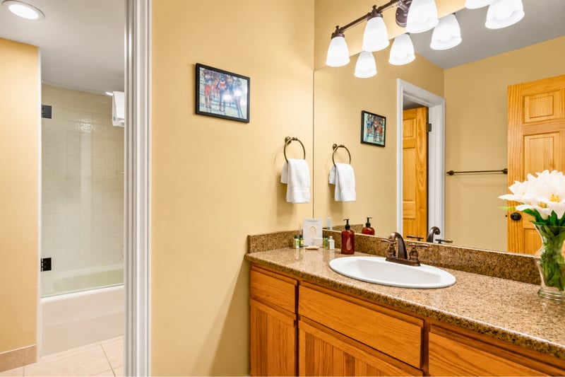 Bathroom with granite vanity, ski-themed wall art, and glass shower entry
