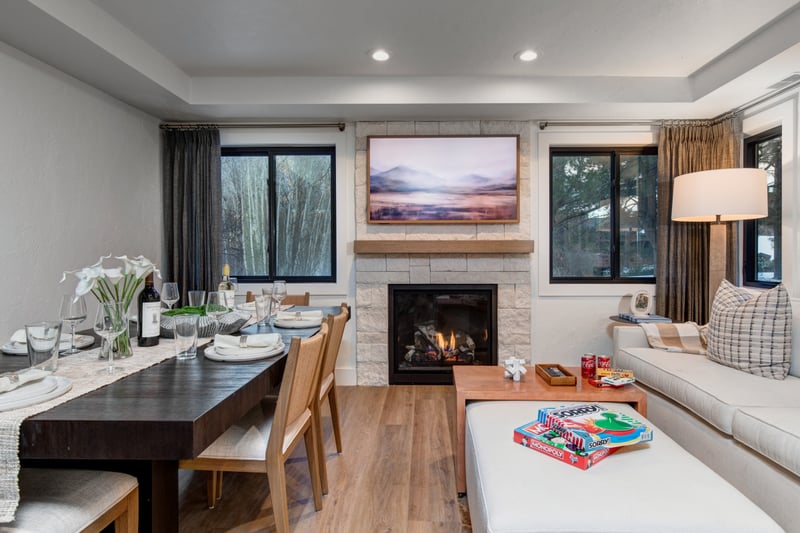 Picture Framed Smart TV transforms to your favorite shows and movies with the warmth of the gas lit fireplace