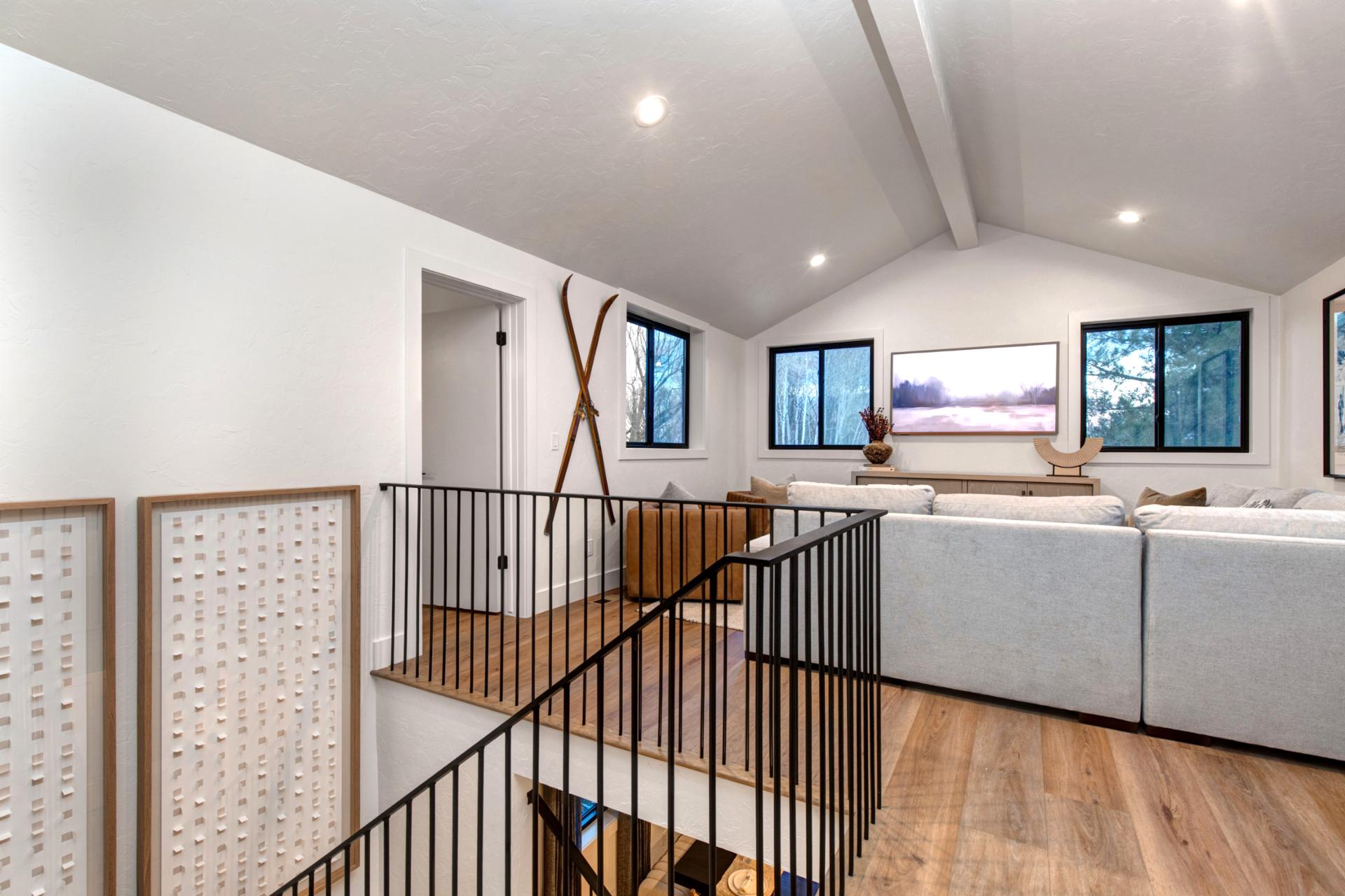 A bright, well-lit family room is warm and welcoming.