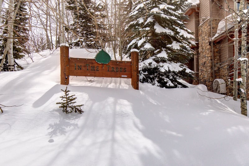 A peaceful, snow-draped setting wraps the home in quiet forest views, with direct trail access just beyond the trees.