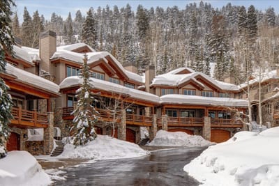 Winter brings postcard-perfect charm to the exterior, where tall trees and snow-covered rooftops set the scene.