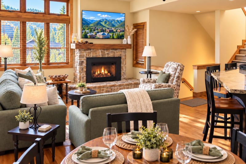 Cozy mountain living room with fireplace, rustic charm, and warmth.