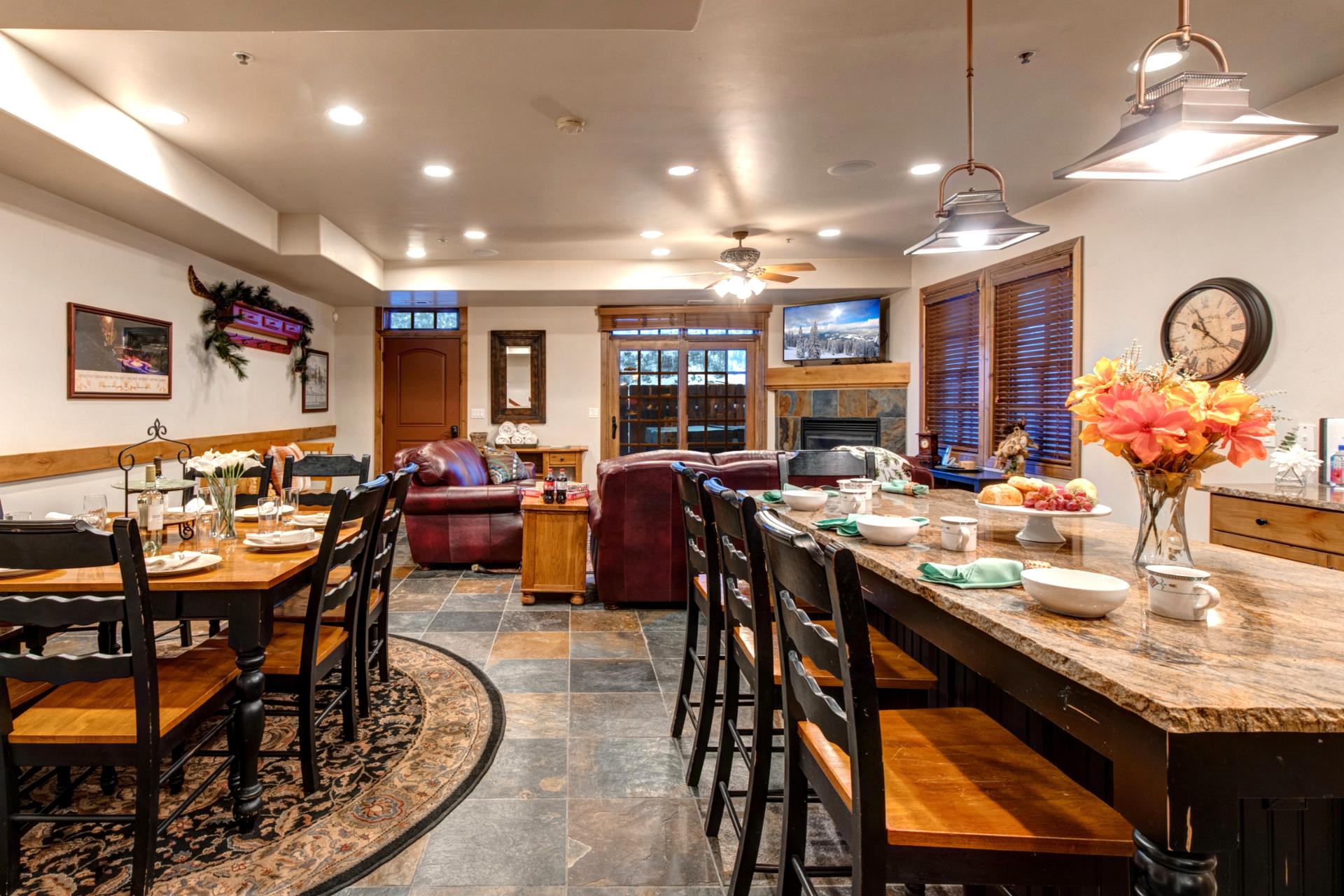 open-plan dining with lodge-style touches and seating for a crowd.