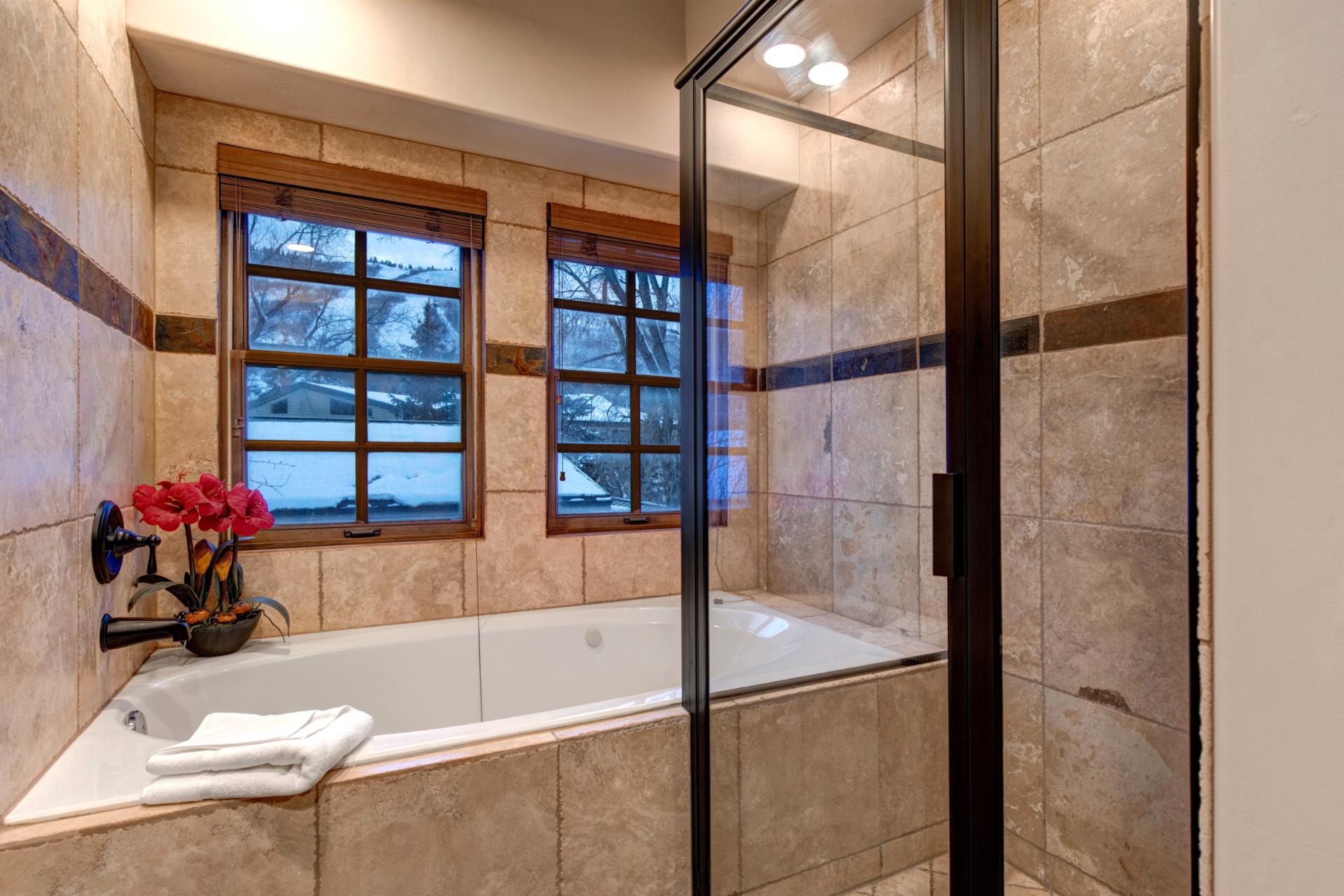 Unwind in the large soaking tub after a long hike or powder day.