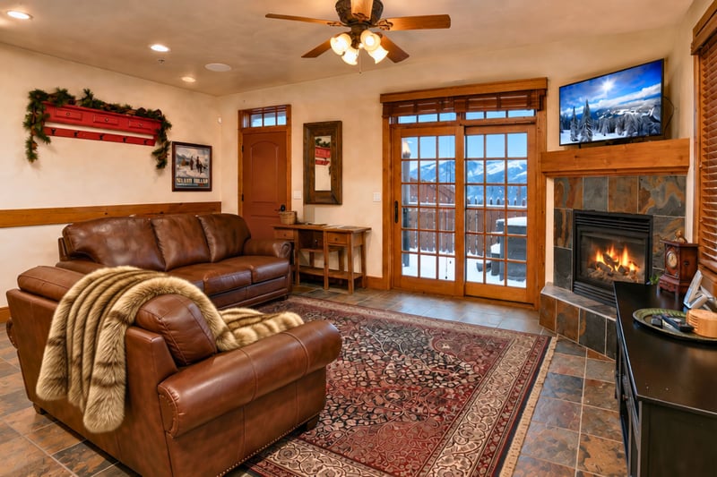 Cozy living room with gas fireplace and mounted TV, plus board games and direct access to the private hot tub deck. PPS-1416