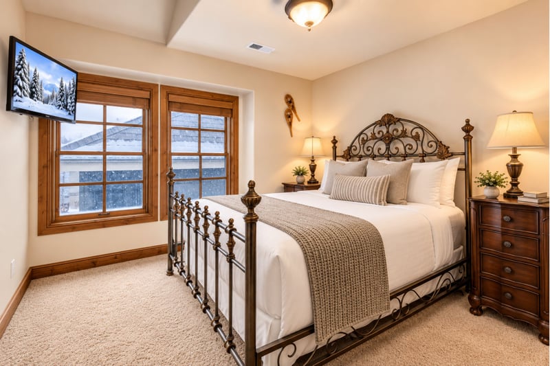 Guest Bedroom includes a Queen bed, dresser, and double windows with wood shutters.