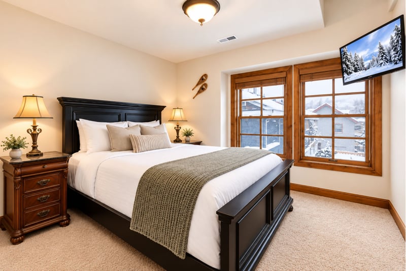 Guest Bedroom features a Queen bed, Smart TV, and private balcony access for fresh mountain air.