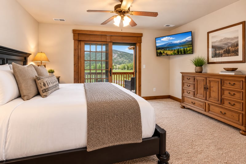 Another view of Guest Bedroom showing ceiling fan, closet, and carpeted floors for comfort.