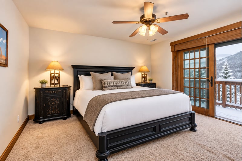 Guest Bedroom King bed Smart TV, and French doors opening to a balcony with views.