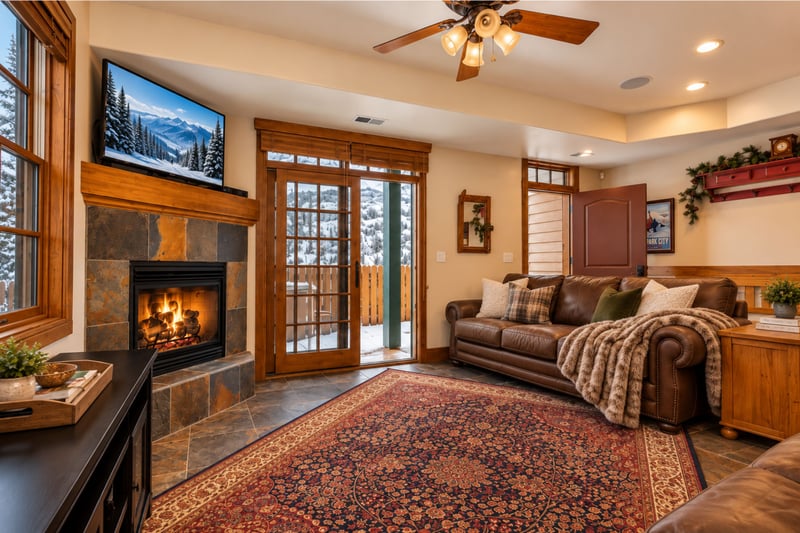Lounge fireside with your group in the open-concept living space that connects seamlessly to dining and kitchen areas.