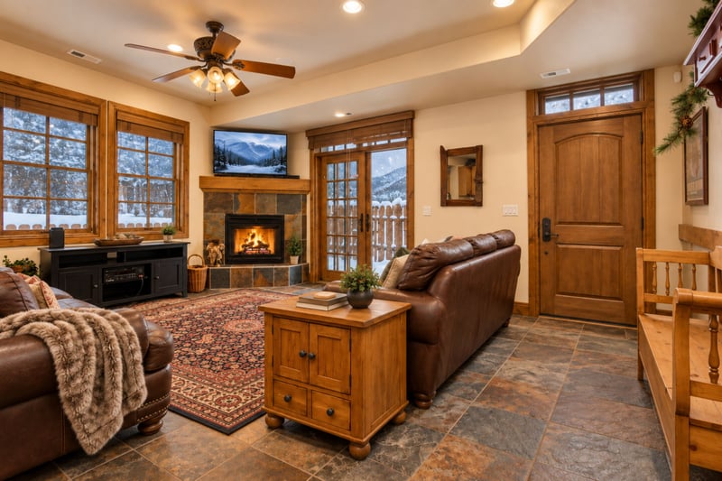 This cozy living room features a fireplace, large windows, and an open layout for easy gathering and game nights.