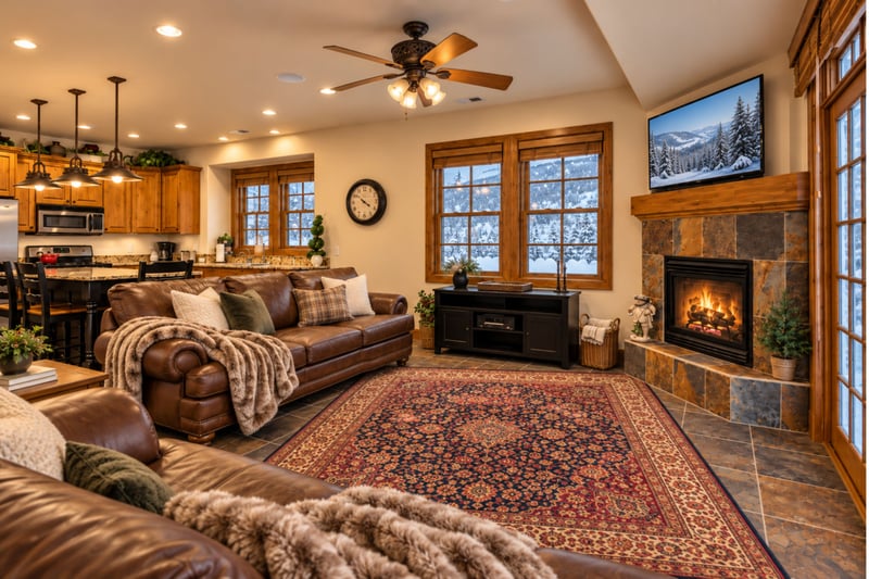 Gather in the main living area with plush seating, a gas fireplace, and Smart TV for movie nights after a day on the slopes.