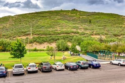 Lush hillside backdrop with views of the park, trailhead, and nearby parking area. PPS-1416