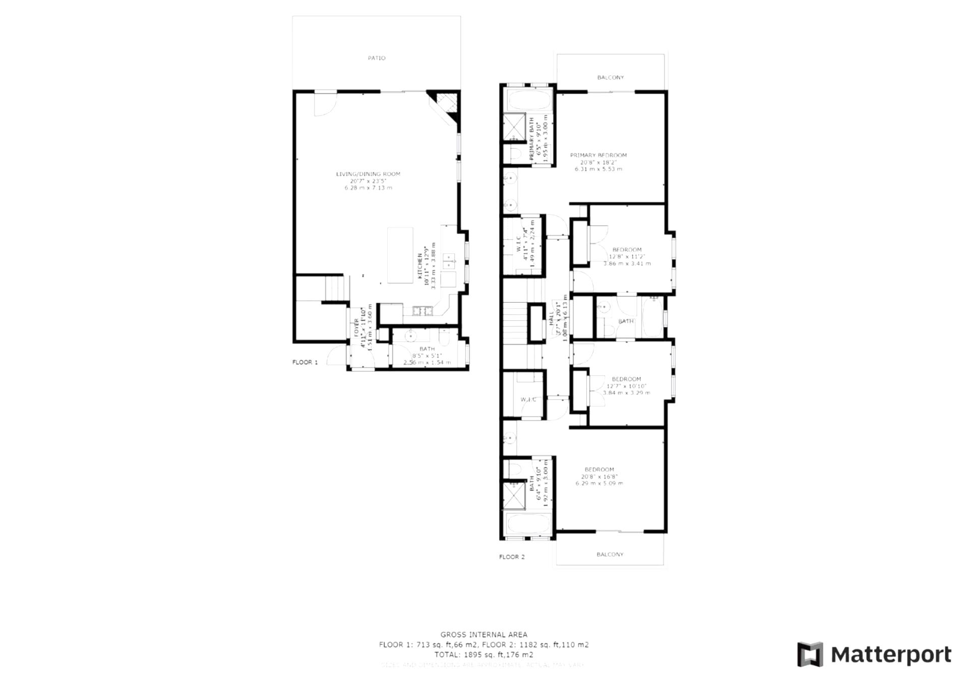 Full two-level floor plan showing bedroom layout, shared spaces, and private outdoor areas.