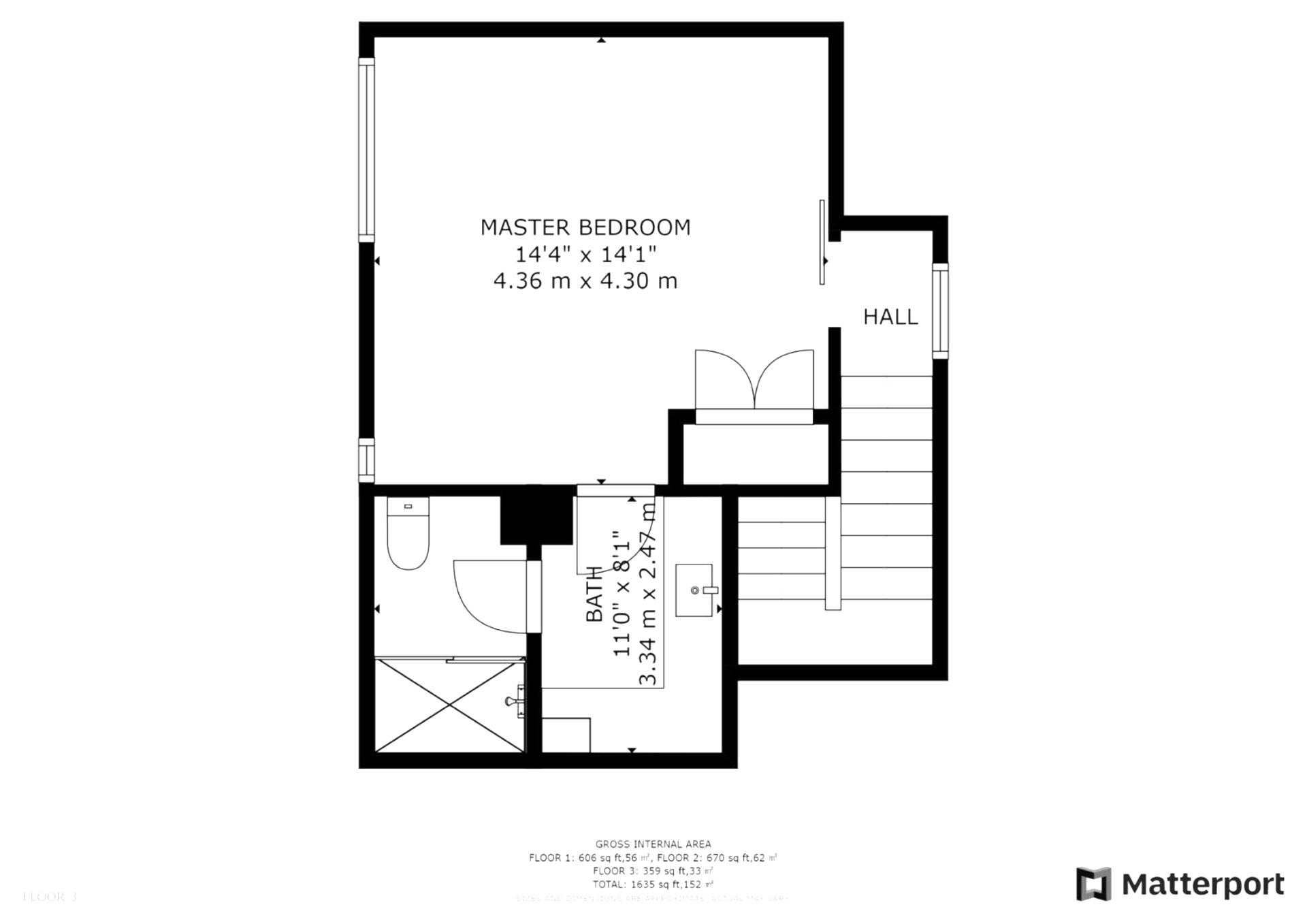 Lower-level layout with two bedrooms and two additional full bathrooms.