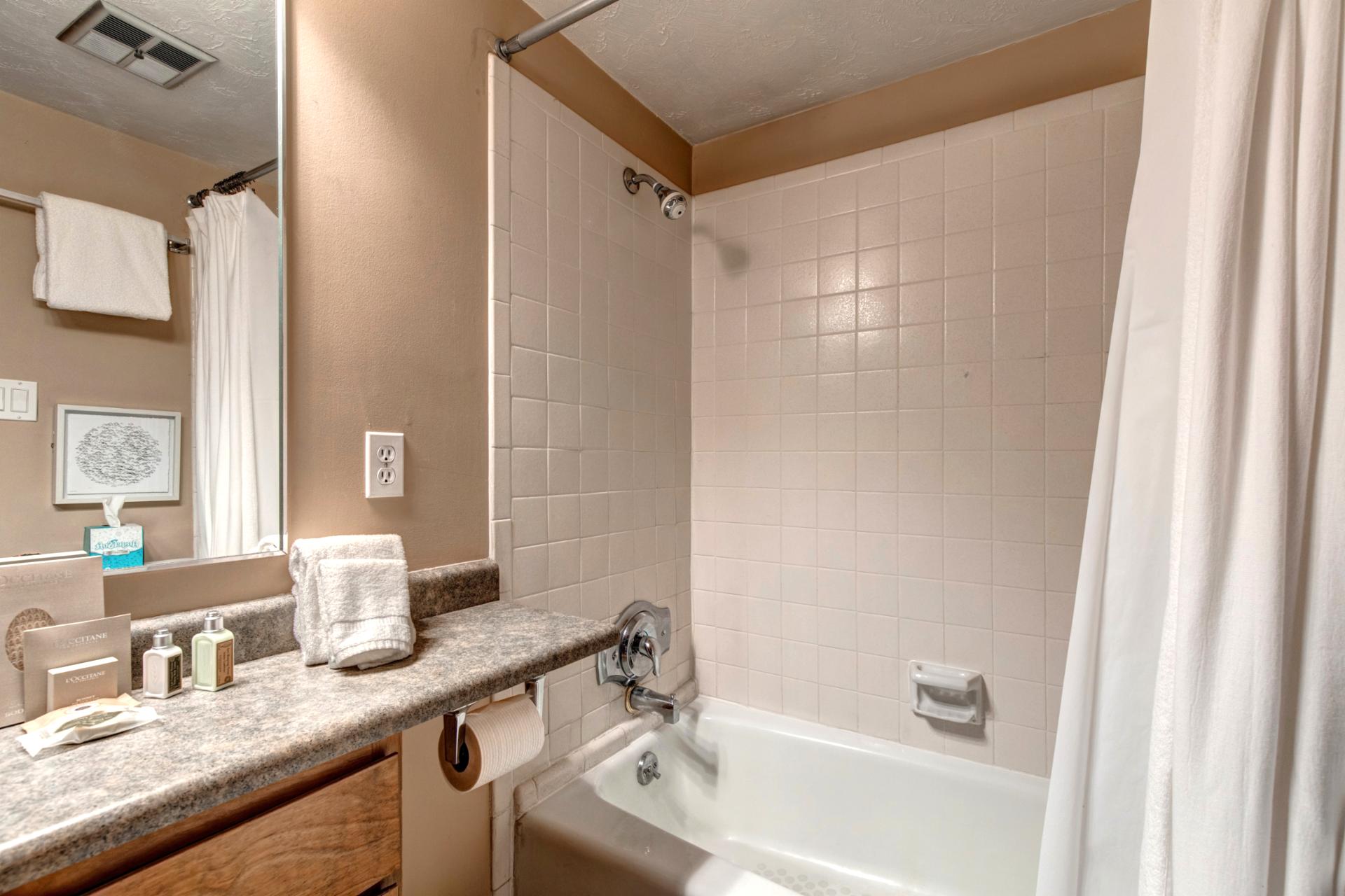 Clean and bright, with full tub and shower for easy rinses after adventures.