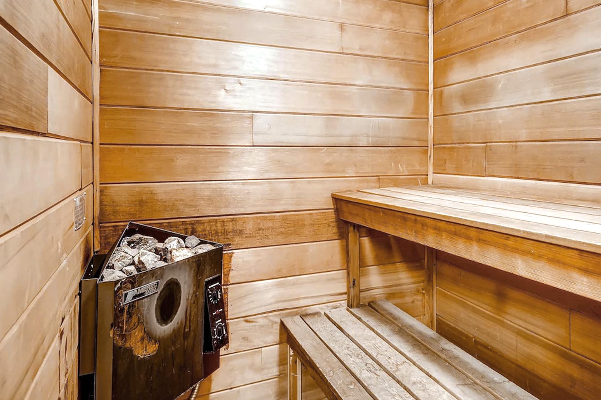 Private indoor sauna offers a rejuvenating retreat after skiing or hiking.