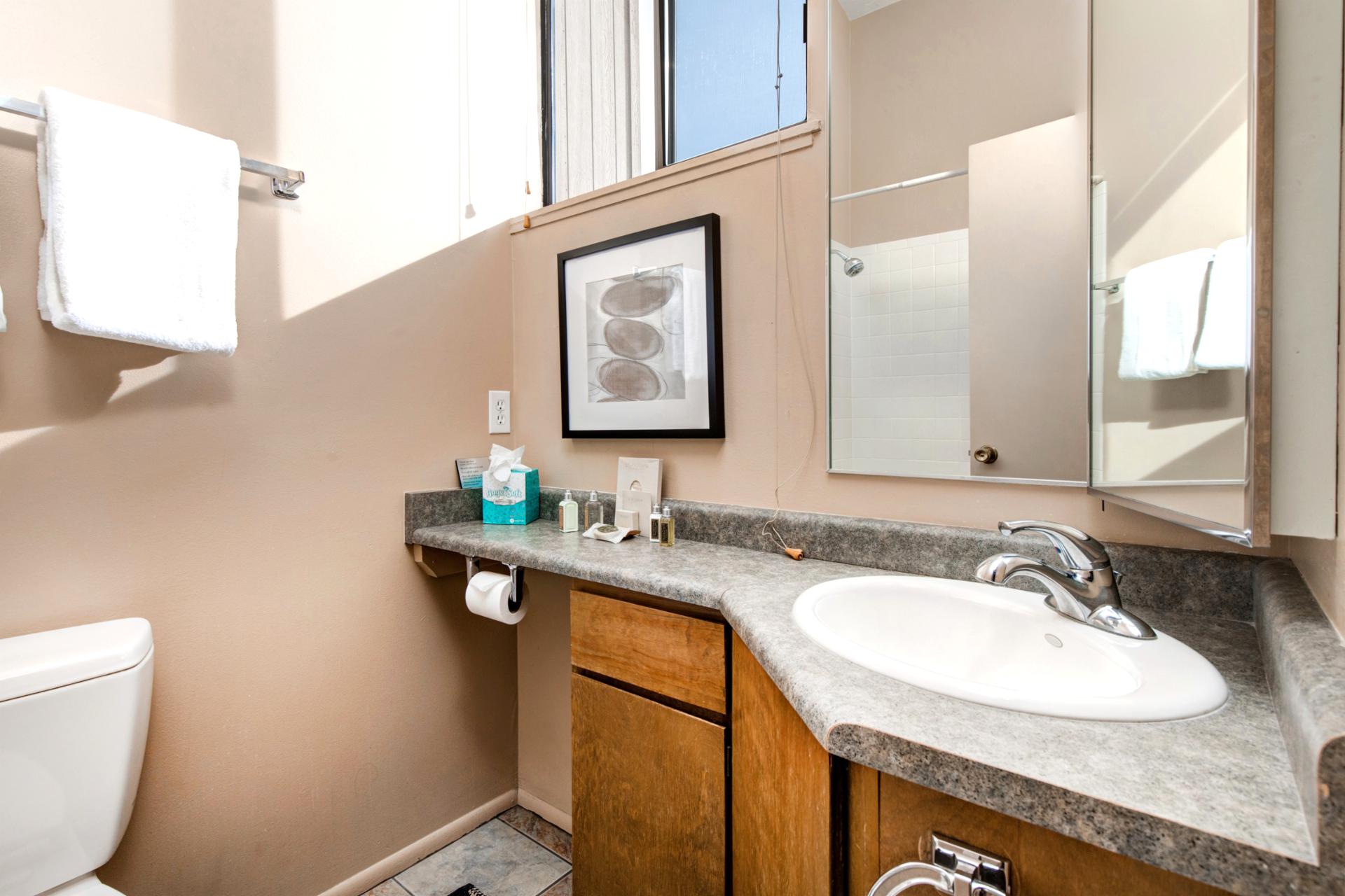 Ensuite bath with granite counters and full tub/shower combo, stocked with L’Occitane amenities.