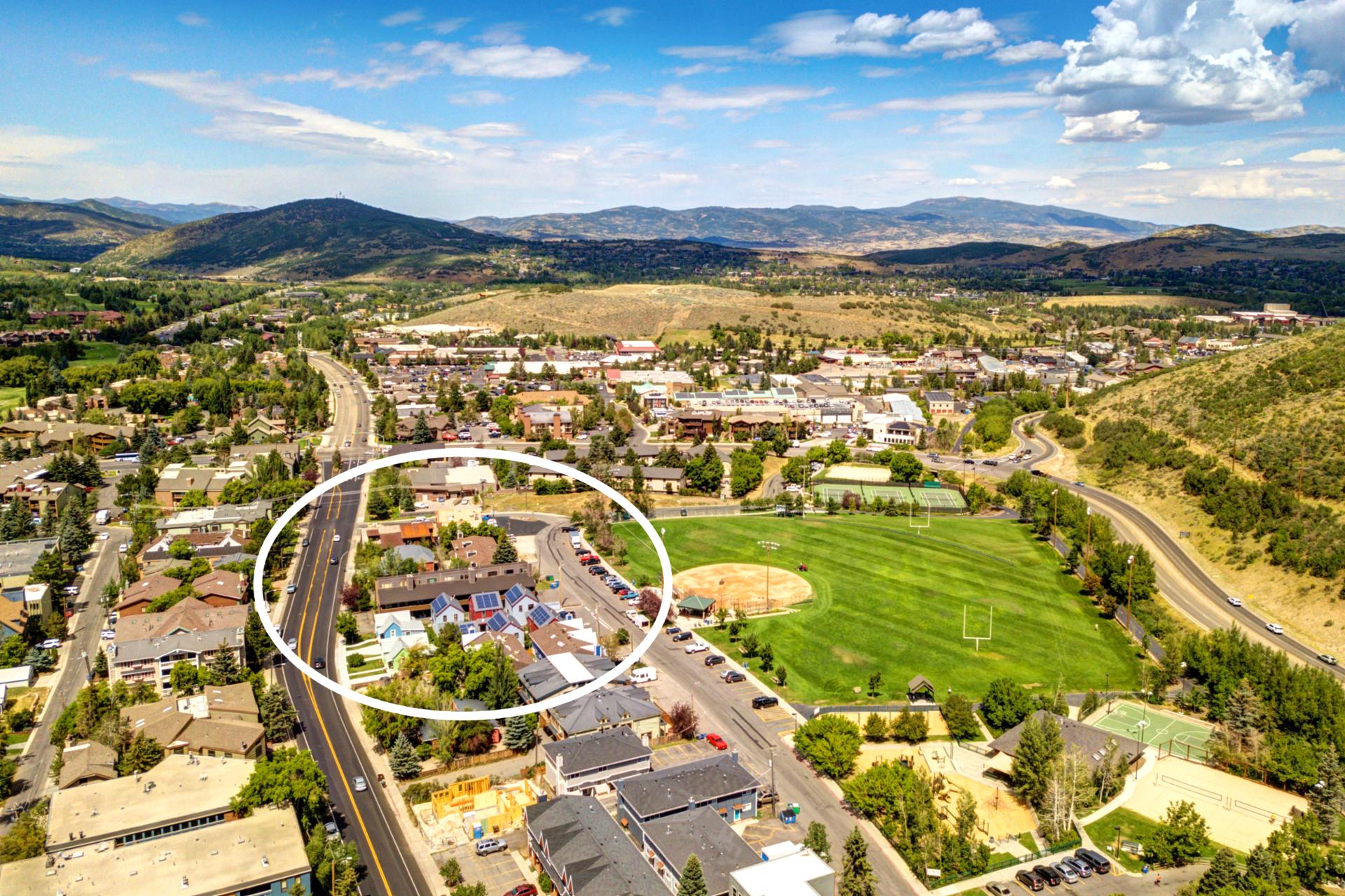 Overhead view places you in the heart of resort access and mountain activity.