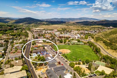 Overhead view places you in the heart of resort access and mountain activity.