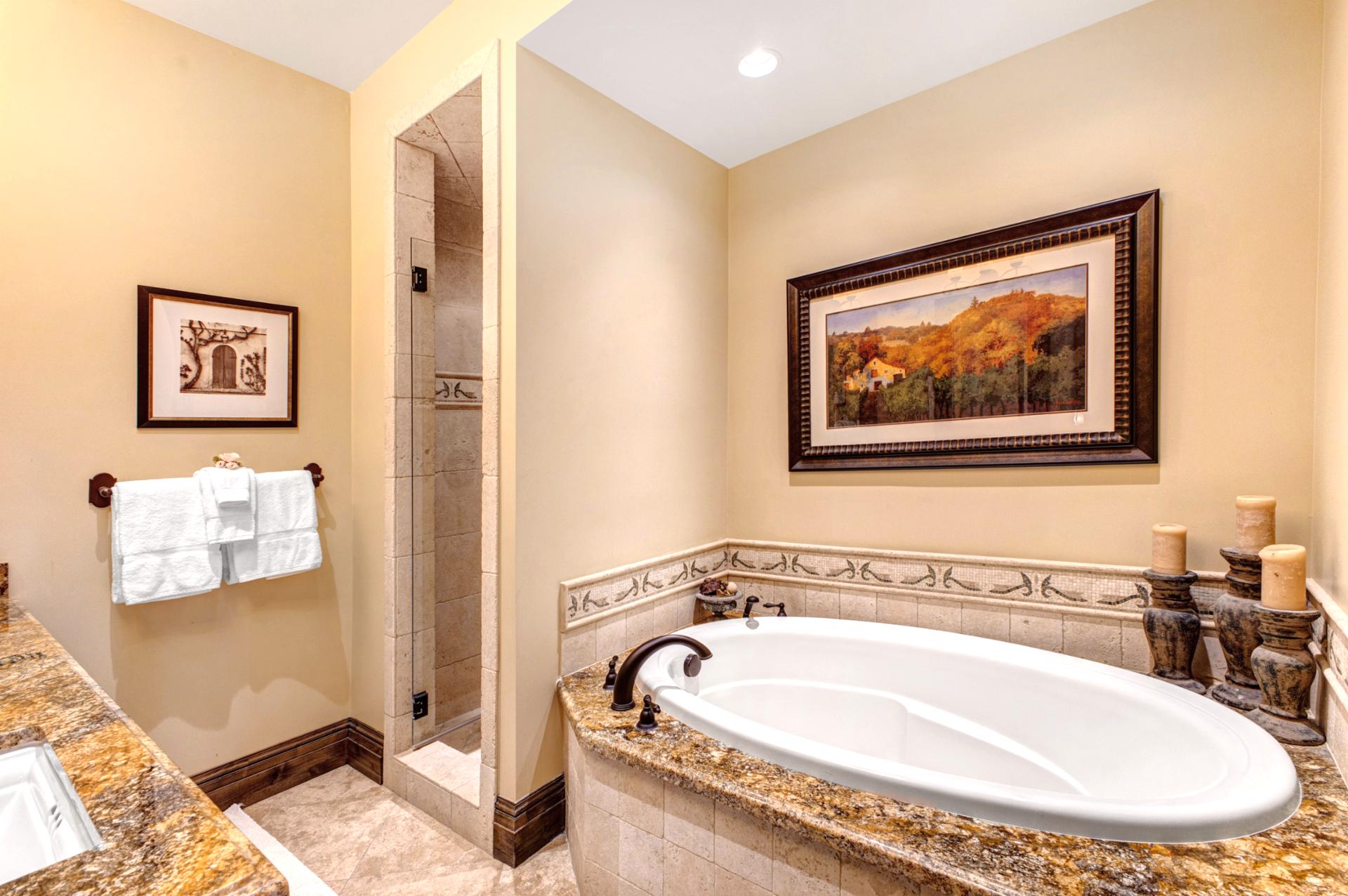 Soak in the deep jetted tub after a long day outdoors. Complete with mountain-style charm.