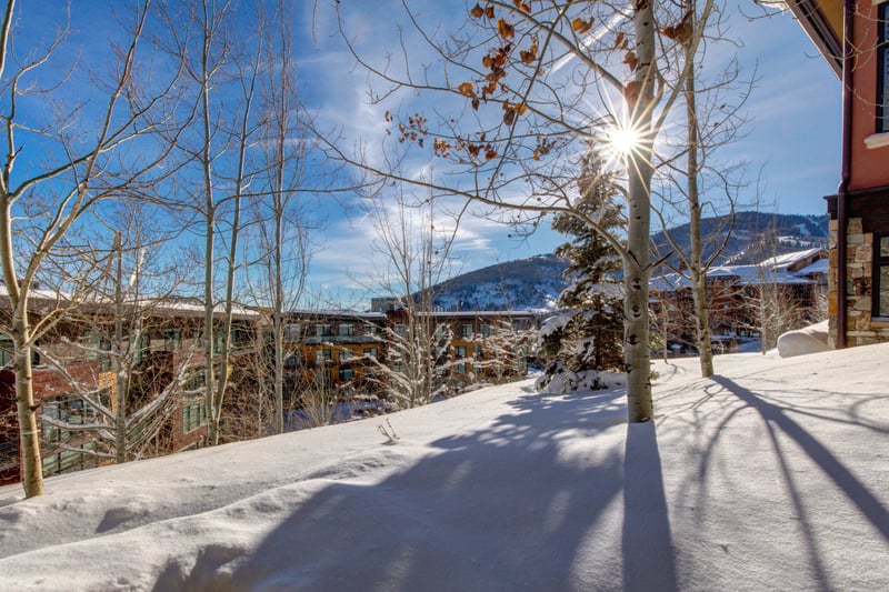 Morning sun sparkles through aspens above snowy mountain resort rooftops.